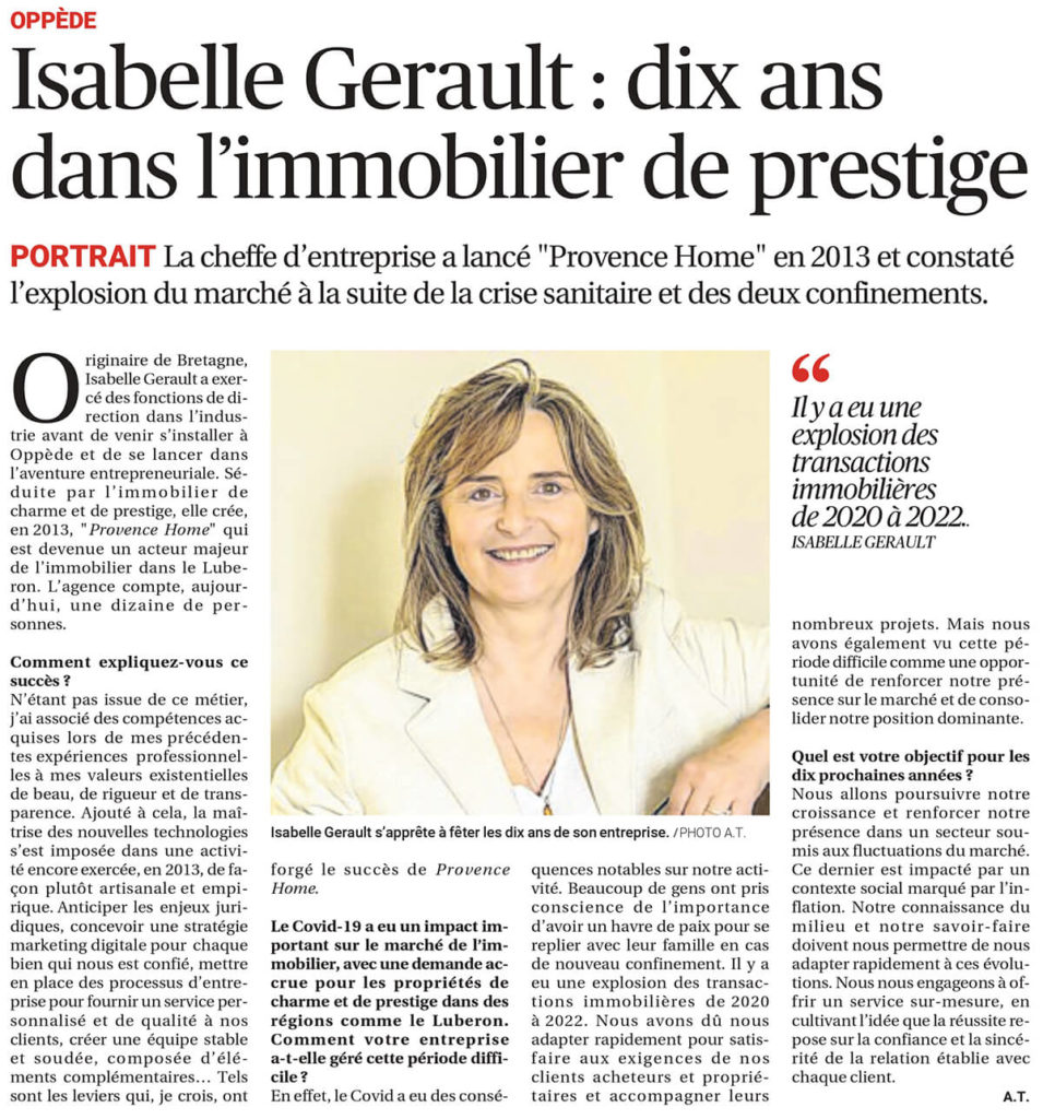 Interview d'Isabelle Gérault pour la Provence à l'occasion des 10 ans de Provence Home.