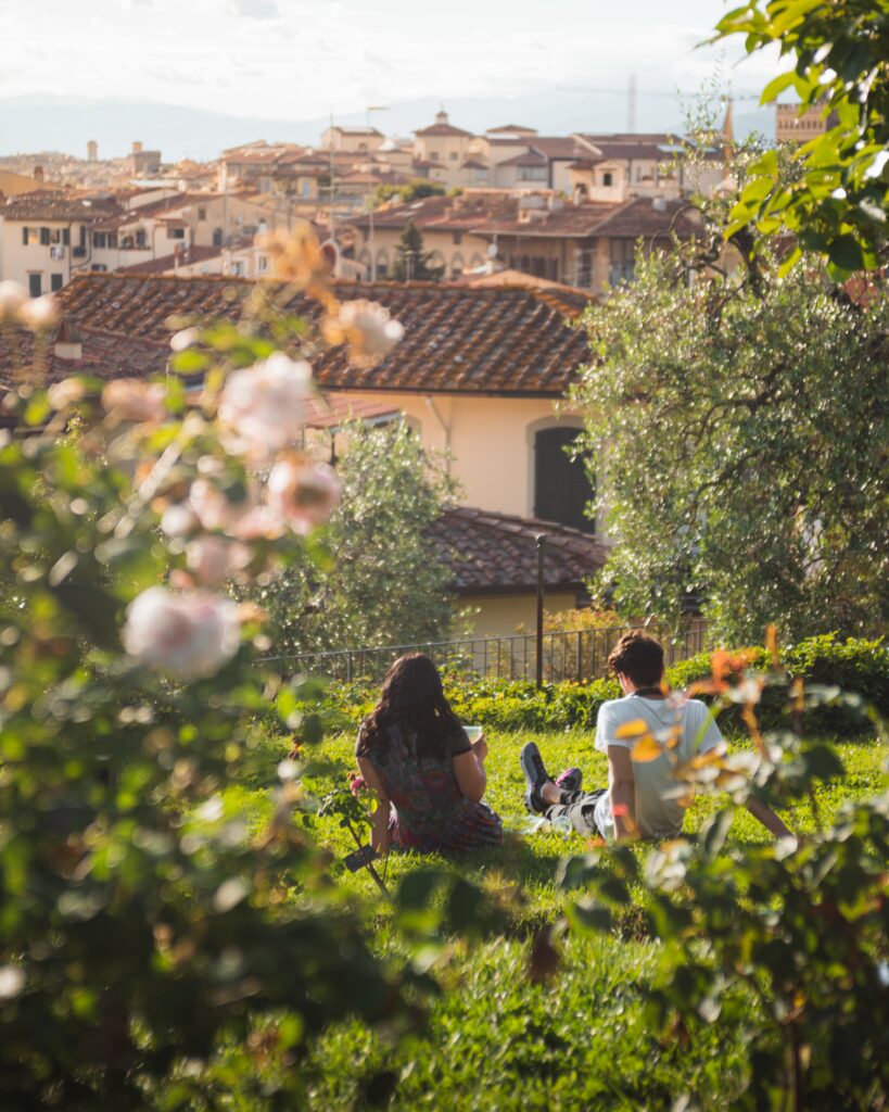 Couple assis dans l'herbe en train de boire un verre devant la vue d'un village perch du Luberon